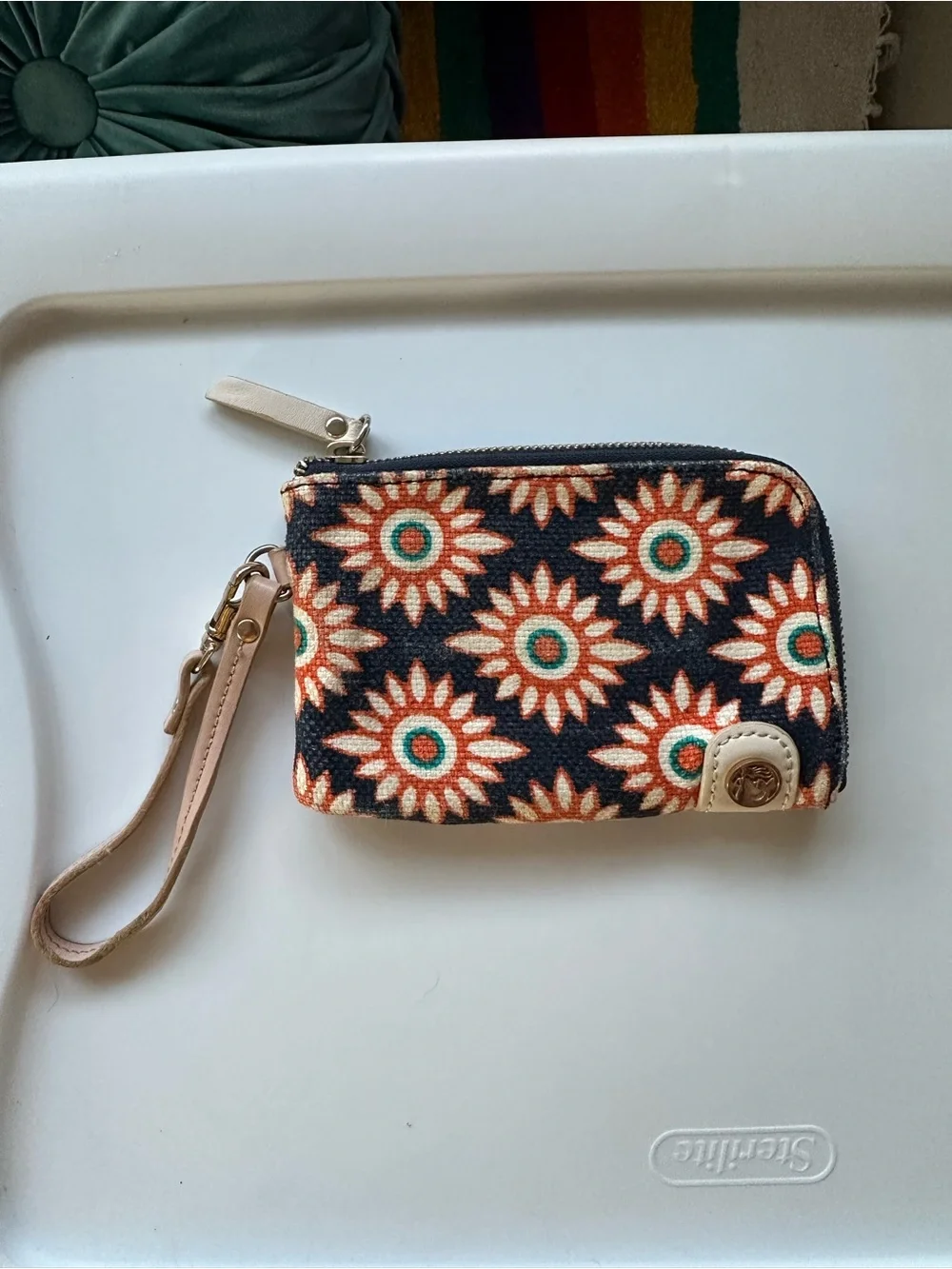 Spartina 449 Black, Teal and Tan Floral Canvas Wristlet